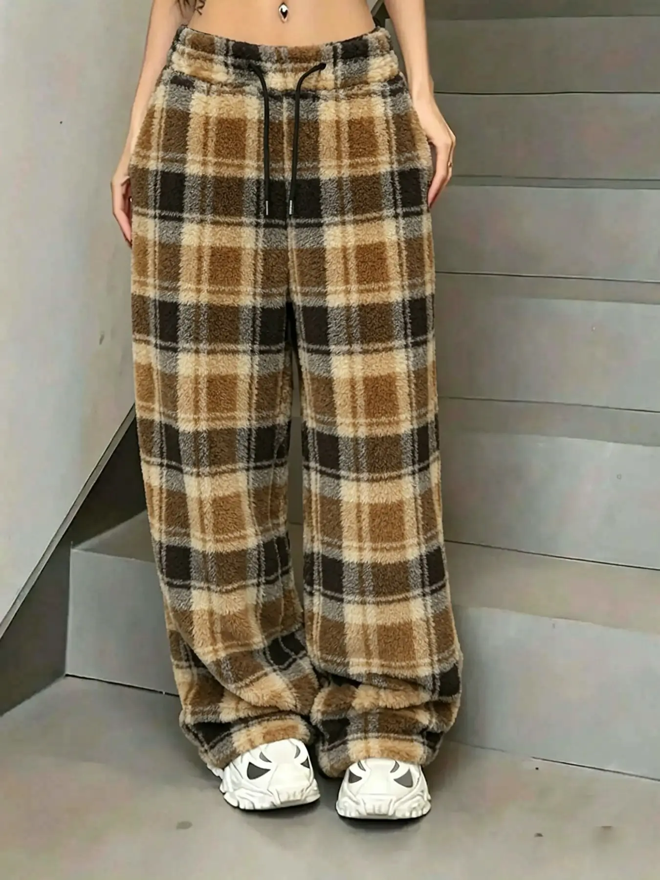 Women's Fall Winter Plaid Fuzzy Baggy Wide Leg Pants, Drawstring High Waist Thick Warm Home Lounge Pants, Comfortable Casual Fashion Daily Wear