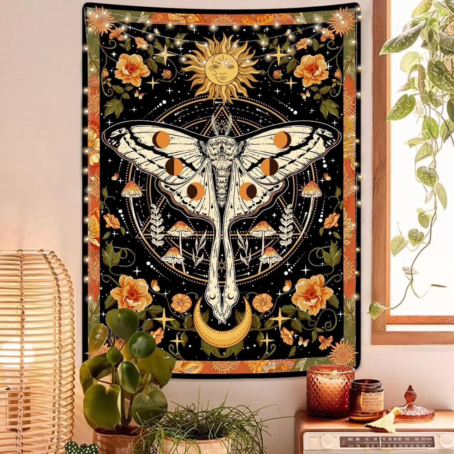 Orange Moth Tapestry Boho Retro Floral Flowers Tapestries Aesthetic Vintage Mushroom Tapestries for Bedroom Indie Small Tapestry Wall Hanging for Living Room Dorm (30'' * 40'')