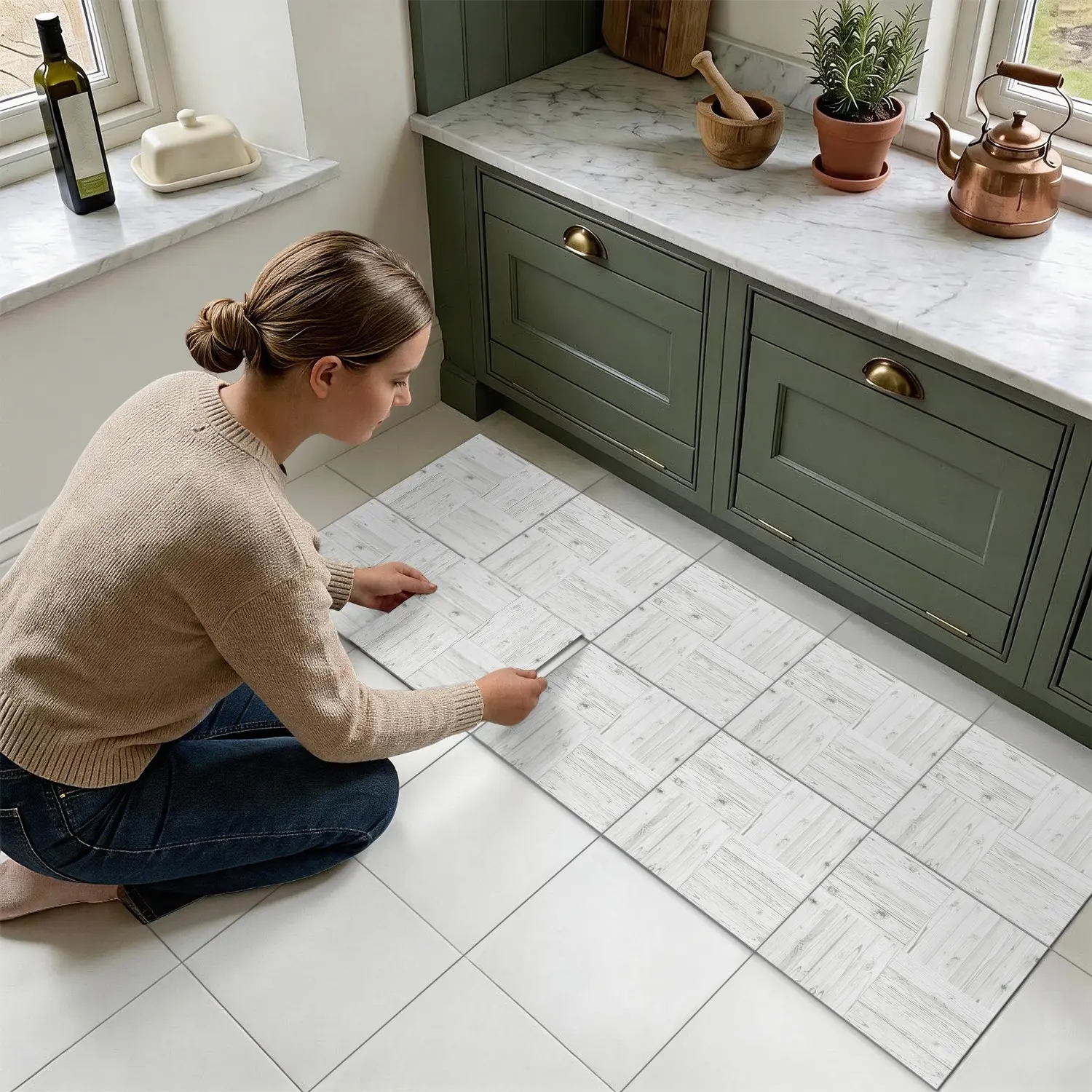 10PCS PTS Frosted PVC Peel & Stick Tile Stickers, Pure White Distressed Herringbone Wood Grain, Waterproof Oil-Proof Shock Resistant DIY Floor Decals For Kitchen, Bathroom, Old Tile & Wood Panel Home Decor Decorative Tiles Sticker
