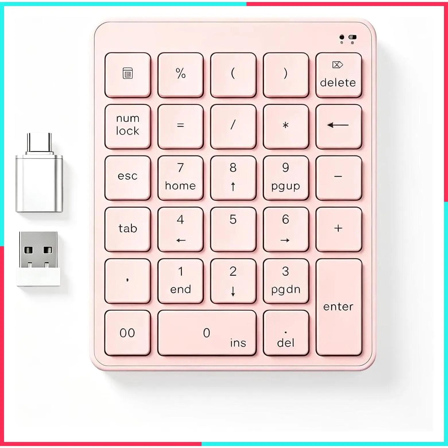 Wireless Numeric Keypad 28 Keys Portable 2.4 GHz with USB to USB-C Adapter, 10 Key Accounting Number Keyboard for Laptop PC Desktop Surface Pro Notebook - Pink