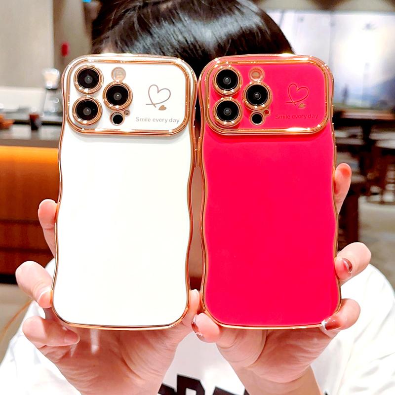 OREKROY [FreeShip] Cute Wave Shape with Love Heart Raised Camera Protection Phone case For iPhone 16 15 14 13 1211 Pro Max Accessories Durable Silicone Shiny Silicone Shiny Wavy