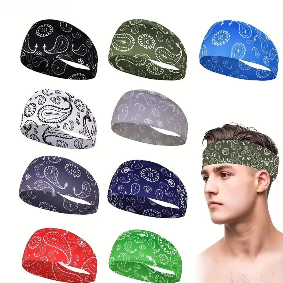 Unisex Paisley Print Sports Headbands - Non-Slip, Moisture-Wicking, Wide, Stretchable Boho Head Wraps for Running, Yoga, Daily Wear (Men, Women)