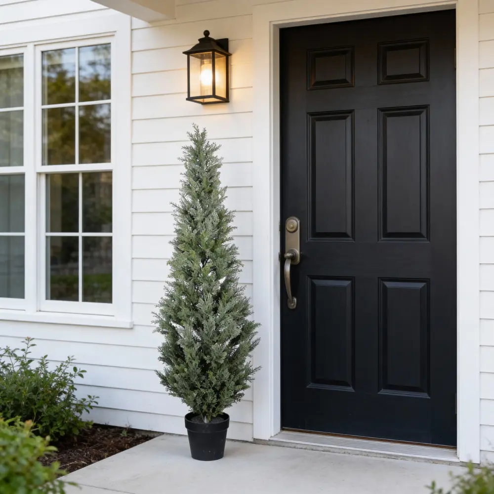 5FT Artificial Cypress Tree in Black Plastic Pot UV Resistant, Realistic Indoor Outdoor Fake Topiary Plant, Garden or Entryway Decoration, 1pc/set