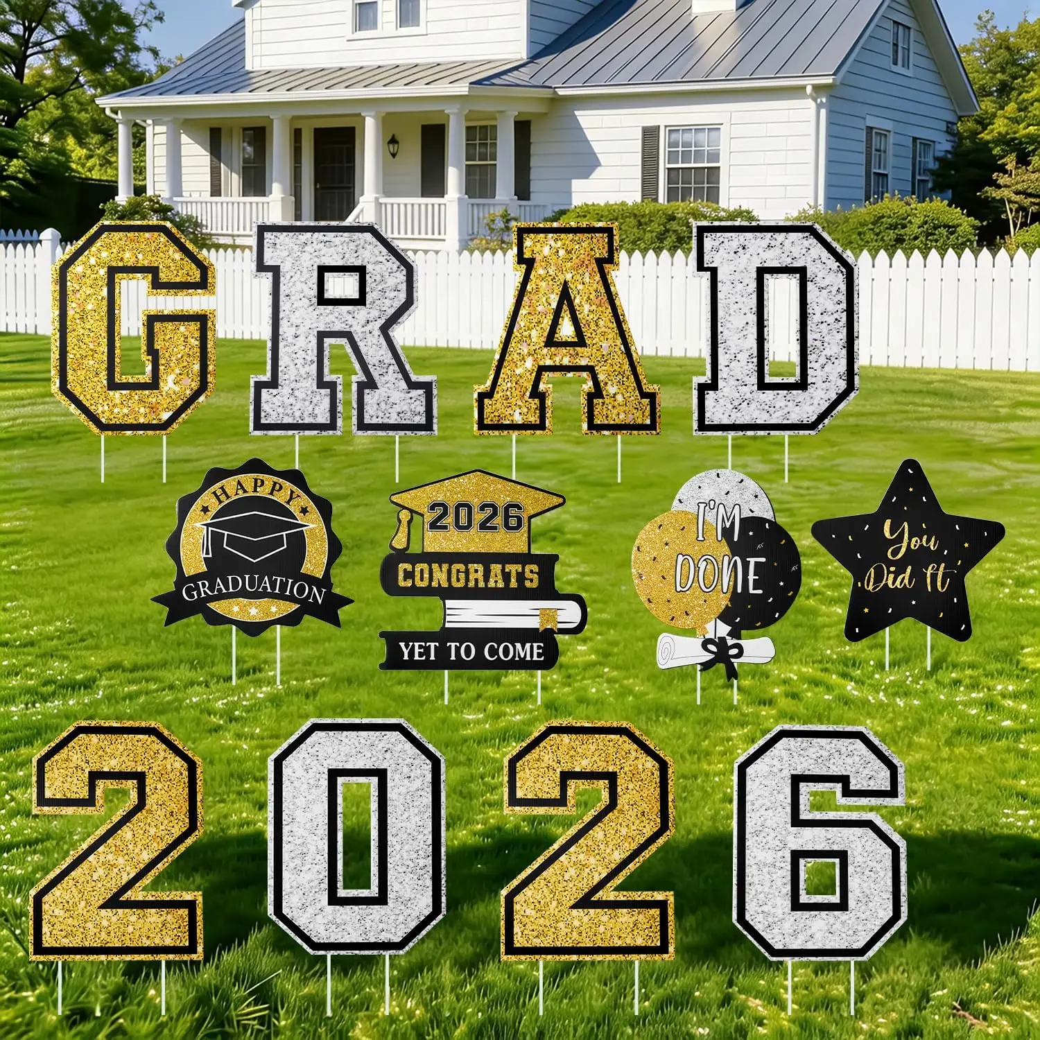 Graduation Decorations 2026 12Pcs Graduation Yard Signs Class of 2026 Outdoor Waterproof Congrats Grad Sign with Stakes for kindergarten K-12th College Any Grade Black Gold