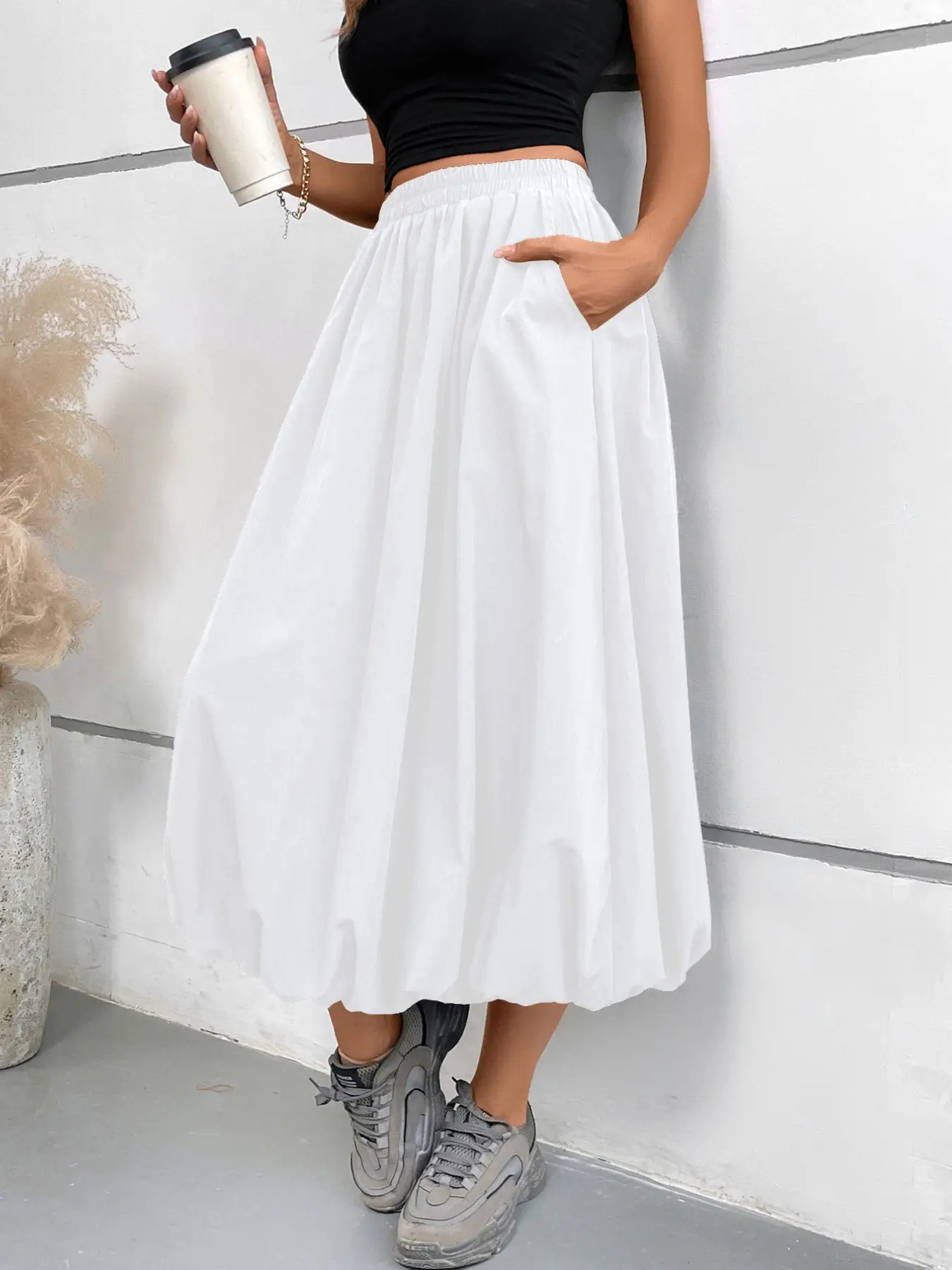 Spring Summer High Waist Loose Fit Midi Skirt, Fashionable Pocket Design, Casual Daily Wear, Perfect for Vacation Travel