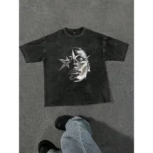 Manfinity EMRG Men Summer Casual Short Sleeve T-Shirt With Star And Character Graphic Print, Round Neck, For Going Out