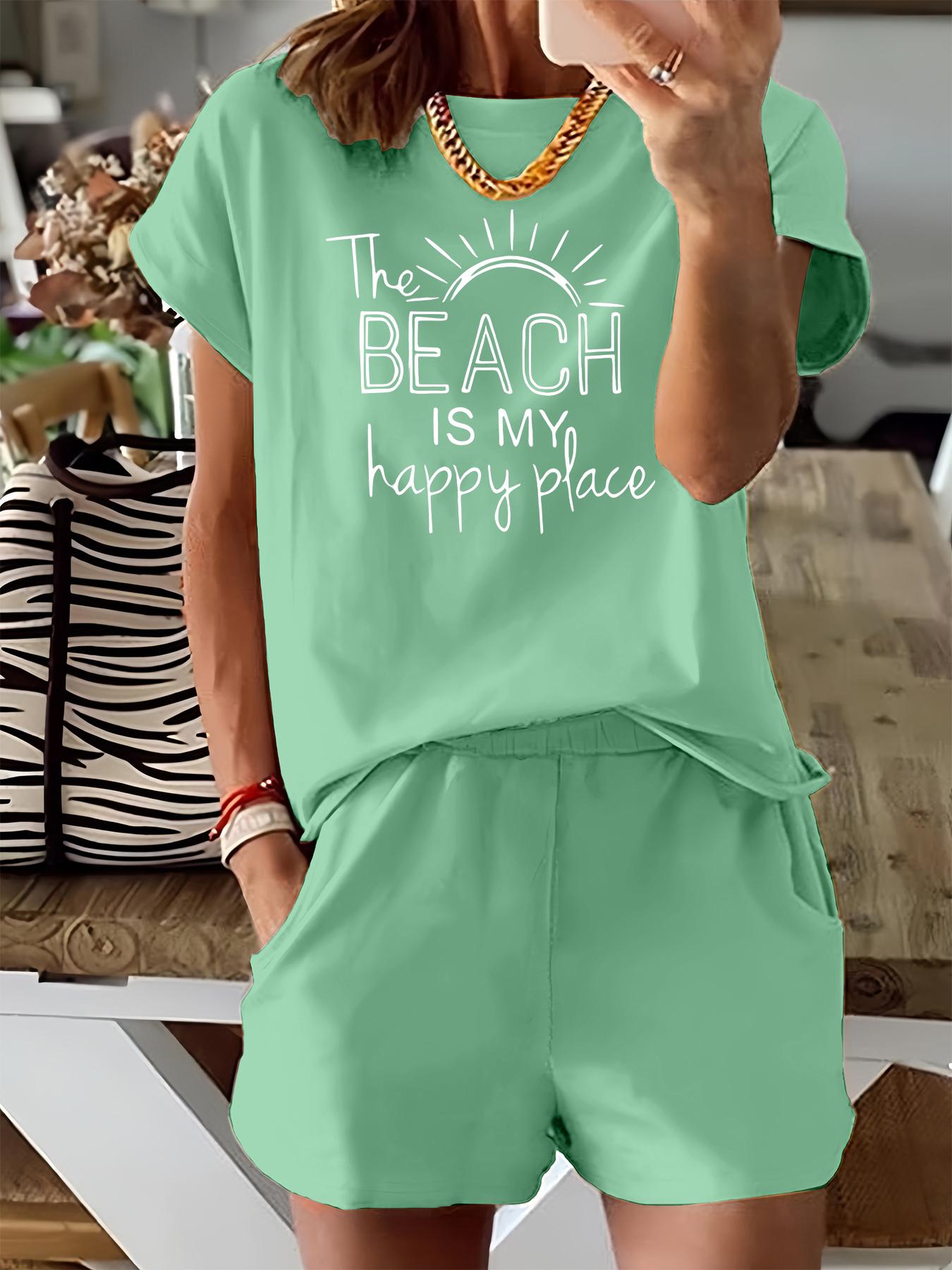 Two-Piece Set Women's Letter Sun Print Short Sleeve Tee & Elastic Waist Shorts, Casual Fitted Round Neck T-shirt & Pocket Shorts for Summer, Ladies Clothes for Beach Vacation