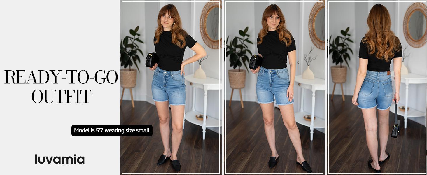 luvamia Jean Shorts for Women Trendy High Waisted Stretchy Denim Summer Casual Raw Hem Mom Long Shorts Cutoff Jorts