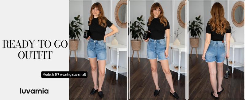 luvamia Jean Shorts for Women Trendy High Waisted Stretchy Denim Summer Casual Raw Hem Mom Long Shorts Cutoff Jorts