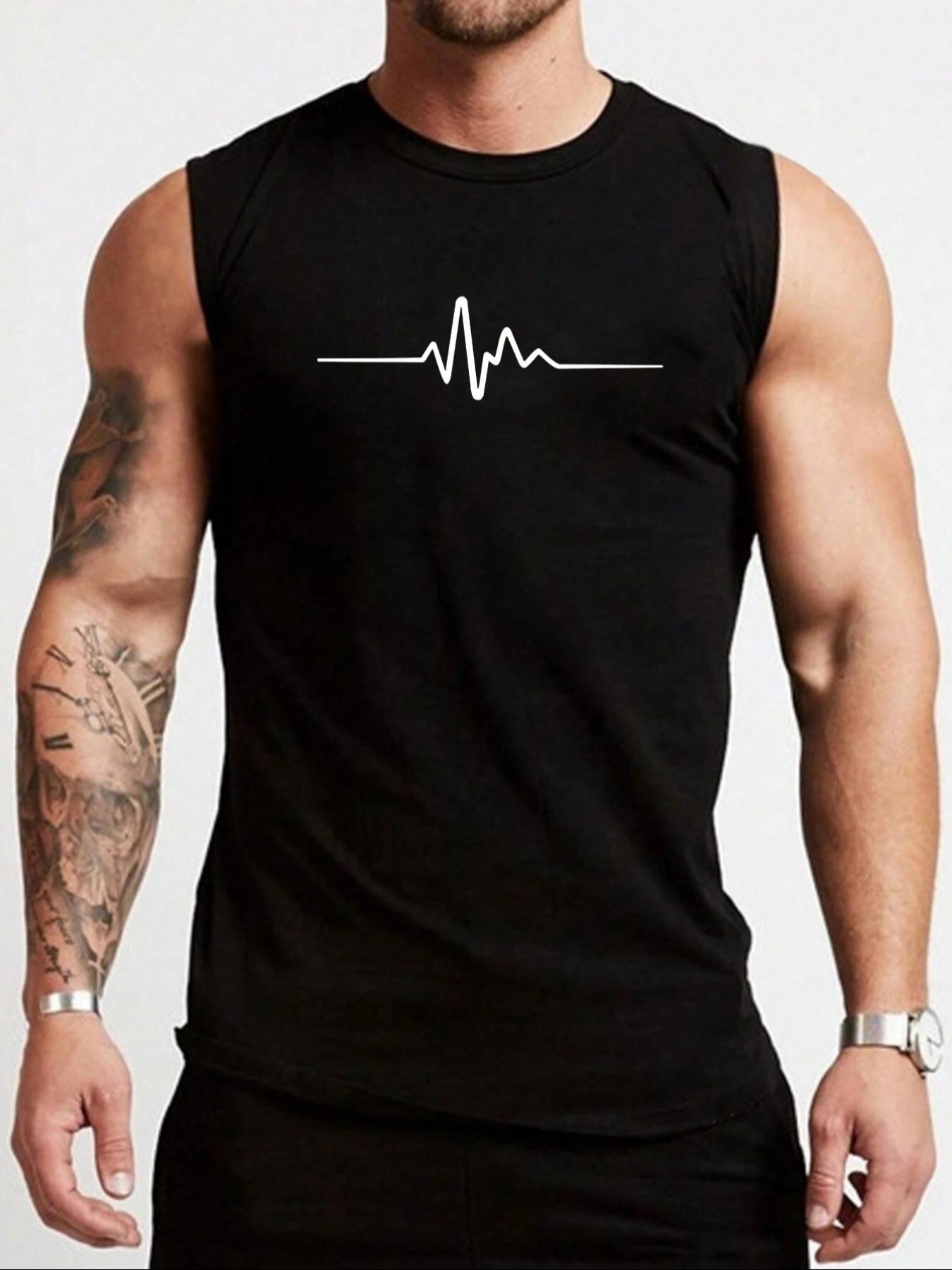 Men's Heartbeat Print Round Neck Tank Top, Athletic Tank Tops, Regular Fit Casual EKG Graphic Sleeveless Top for Summer, Men's Top for Daily Wear, Socks