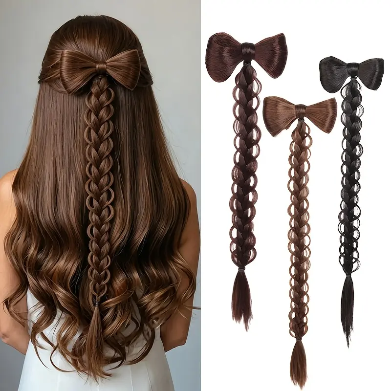 Half-tied bow hairnet wig - high ponytail with twisted braids, suitable for the back of the head, synthetic hairpiece for braiding extensions, half-tied ponytail wig, suitable for weddings and everyday hairstyles