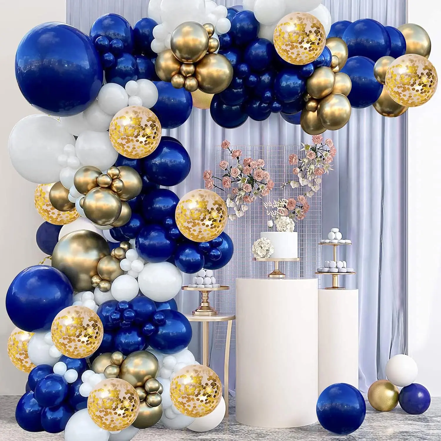 Shiny Navy Blue, Gold, White Confetti Balloons Kit with Knot Tool - Photo-Worthy Garland & Arch Supplies for Birthday, Wedding, Class of 2025 Graduation Decorations