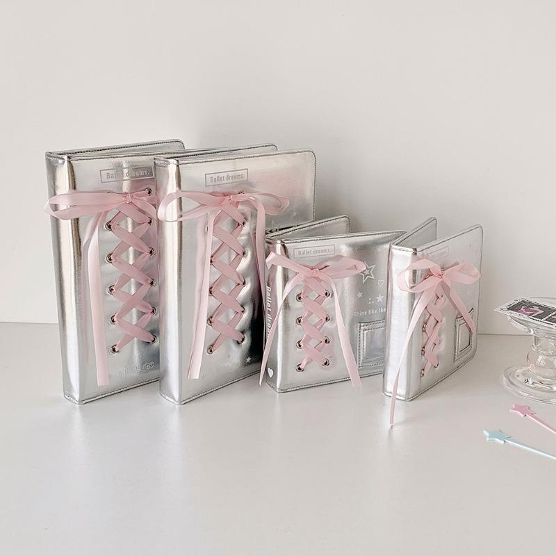 Silver Leather PU Photo Album Ballet Ribbon Photocard Binder 3 Inch Kpop Idol Card Collection Book A5 A7 Photo Albums INS Style