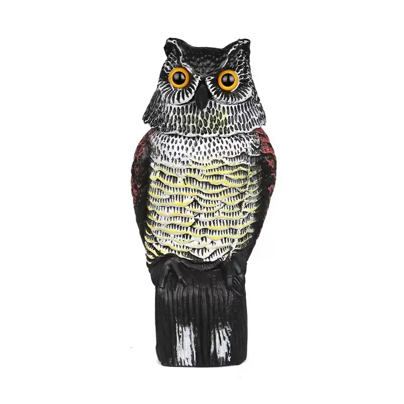 Owl decoy statue garden bird repellent with rotating head, realistic eyes and waterproof design, effectively deters birds by simulating predators