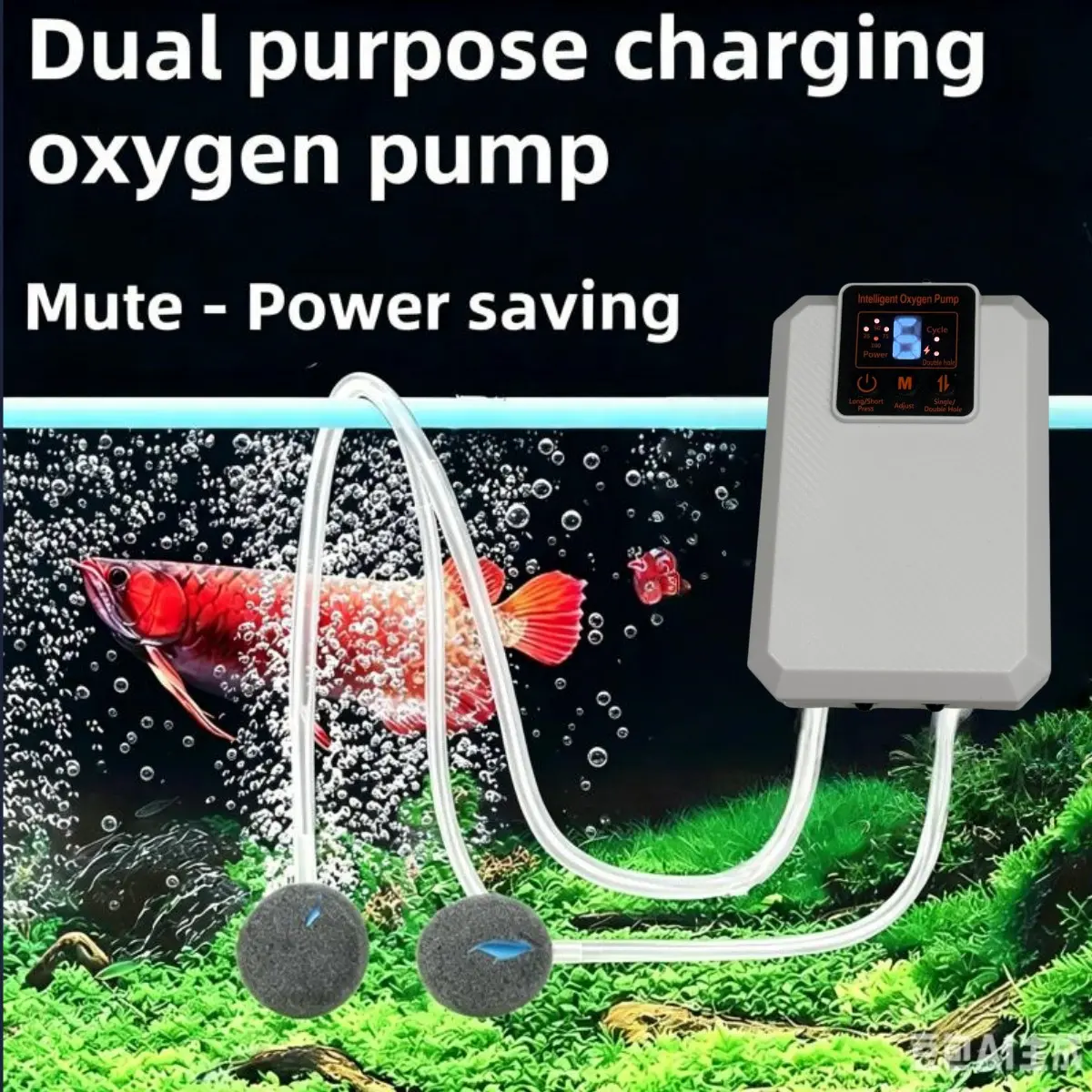 1800mah Rechargeable Aquarium Aeration Pump, Portable Dual Outlet Air Pump, 6-Speed Bubble Pump for Fish Tanks and Outdoor Fishing