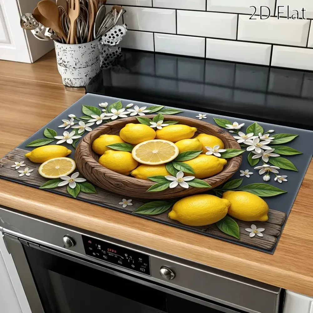 Lemon flower pattern design rubber stove protective cover - heat-resistant, anti slip, absorbent, easy to clean, oven mat, refrigerator mat, kitchen stove cover, suitable for surface protection of ovens, washing machines and appliances