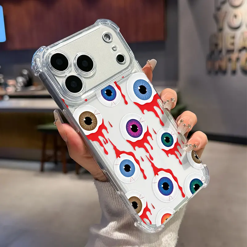 Bloody Eyeball Tapestry Pattern Transparent Cellphone Case for iPhone 17,16 E,15,14,13,12 Pro Max Plus,11 - Anti-Drop,4-Corner Airbag,Non-Yellowing,Full Coverage Shockproof Protection for Handheld Smartphone Devices