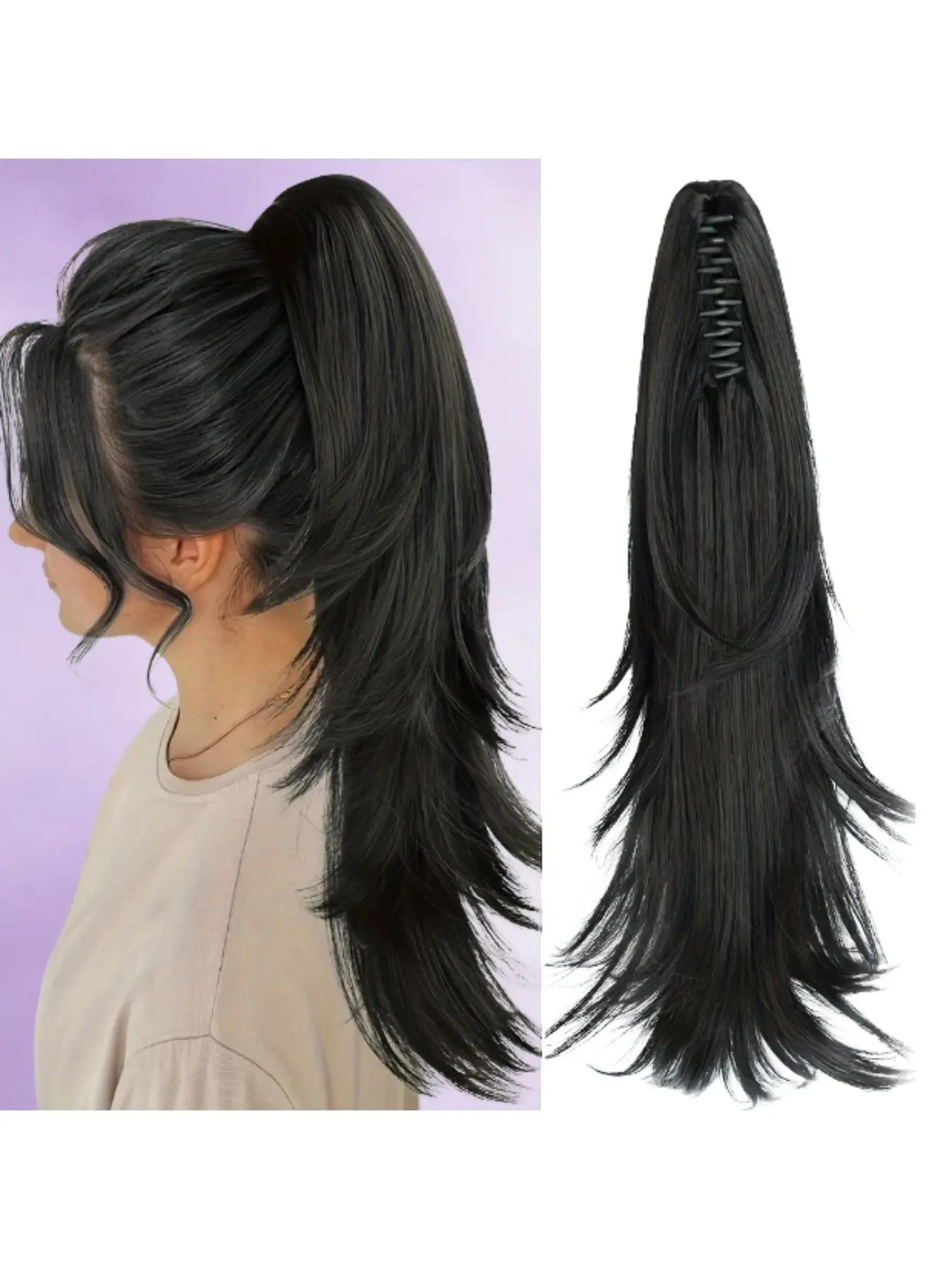 Ponytail Extension, 18" Long Claw Hair Extension Synthetic Wavy Straight Hairpieces Clip in Ponytail Wig Daily Fluffy Pony Tail for Women