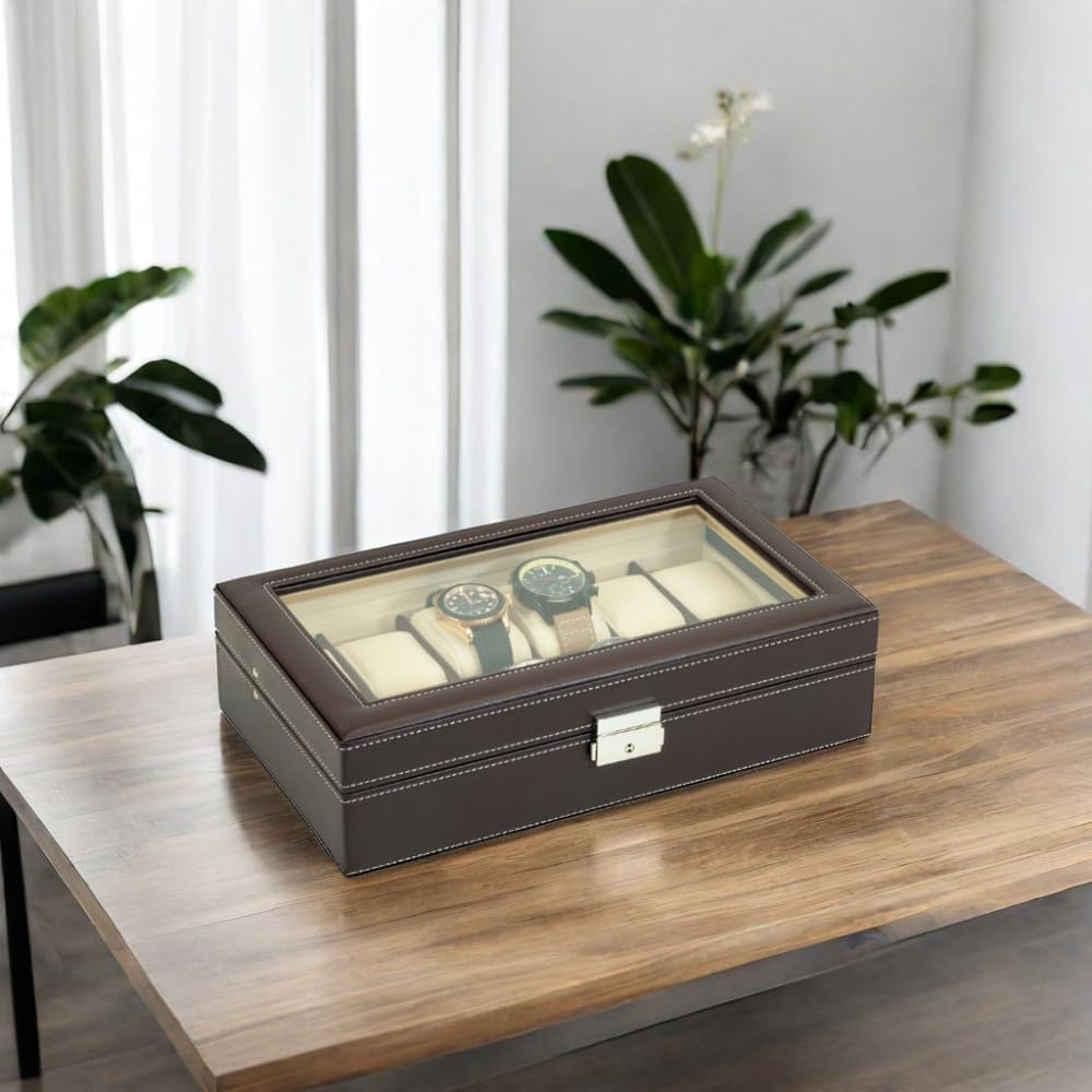Chocolate Brown Leatherette Men's Watch Box Display Case Collection Jewelry Box Storage Glass Top Father's Day