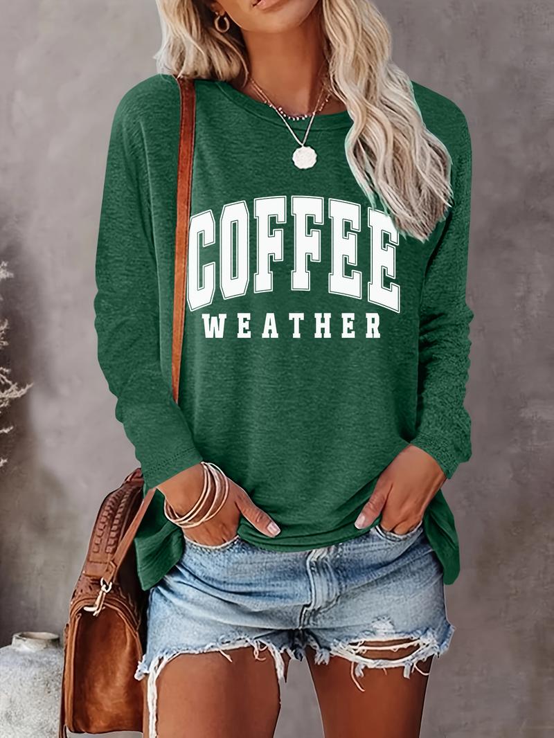 Women's Letter Print Crew Neck T-shirts, Casual Long Sleeve Round Neck T-shirts for Spring & Fall, Fashion Women's Top for Daily Wear