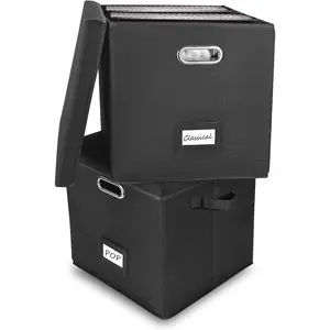 Vinyl Record Storage Box Set of 2 - Album Storage Holds 100+ Single Records, Decorative LP Storage Organizer Crate with Lid, Sturdy Moving Boxes for Vinyl, Easy to Carry and Organize Your Music Album