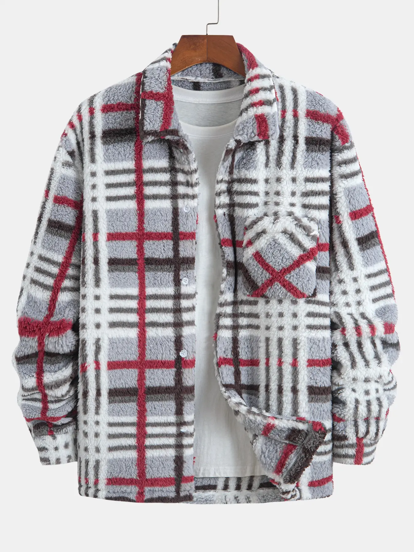 Men Plaid Fleece Shirt Jacket, Soft Fluffy Plush Button-Down Coat, Warm Turn-Down Collar Outerwear, Casual Wear for Daily Use, Casual Pocket Outerwear