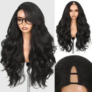 WIGNEE Yaki Curly V Part Wig 26 Inch Synthetic Half Wig Glueless U Part Wig with Filp Curls Curly Half Wigs For Black Women Daily Party Use(Natural Black)