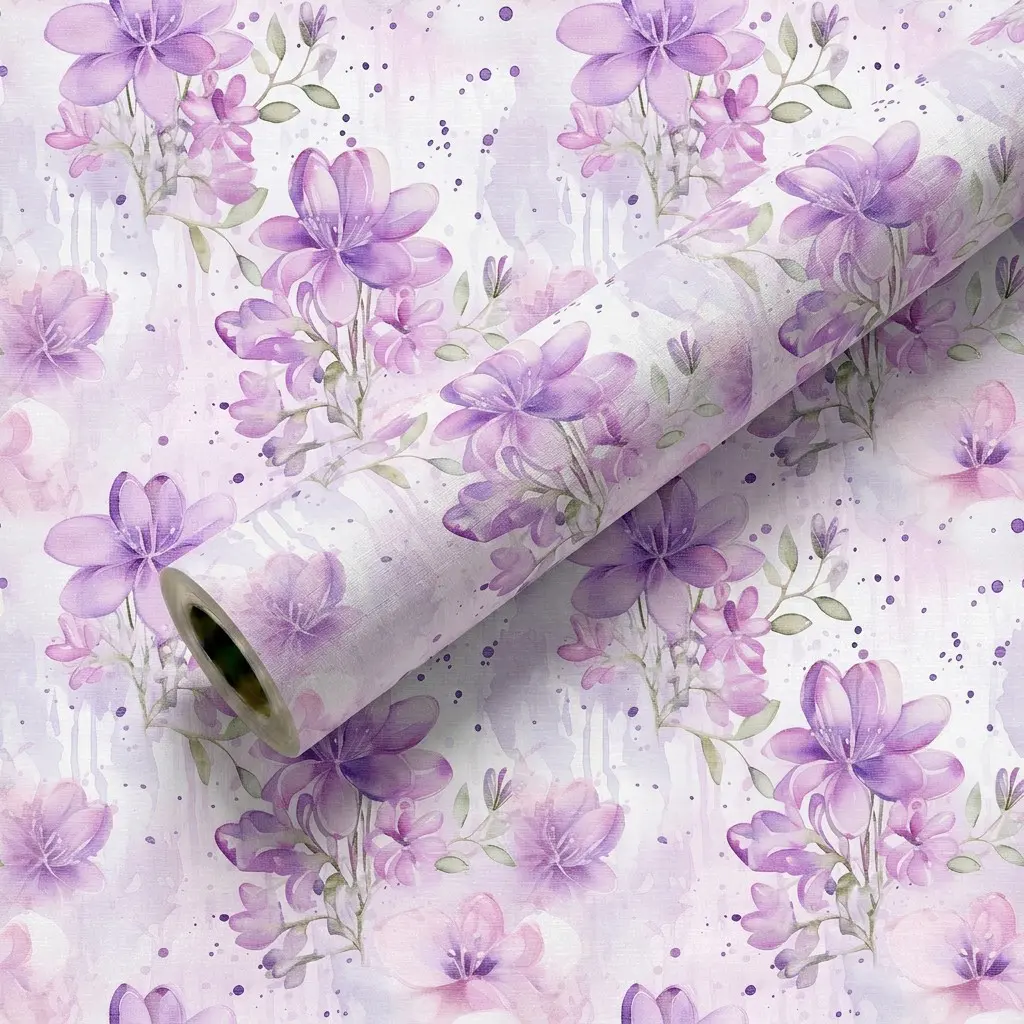 1 Roll 44.5cm/17.5in Light Purple Watercolor Floral Splash Wall Decals, Decorative Wallpaper, Self-Adhesive Soft Purple Flower Wallpaper, Waterproof Adhesive Contact Paper, Grid Back Easy Cut Peel Stick Wall Decor, for Nursery Bedroom Bathroom