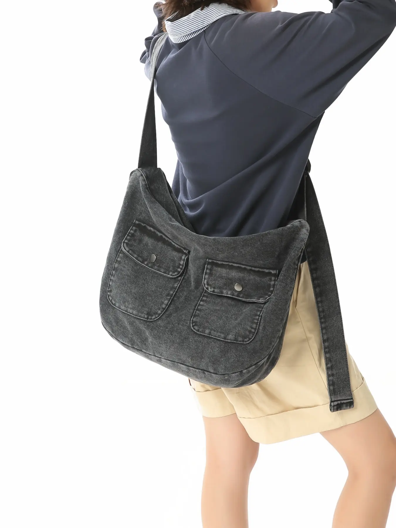 Fashion distressed denim tote bag, large capacity multi-pocket casual women's shoulder bag, adjustable strap, everyday commuting shopping crossbody bag