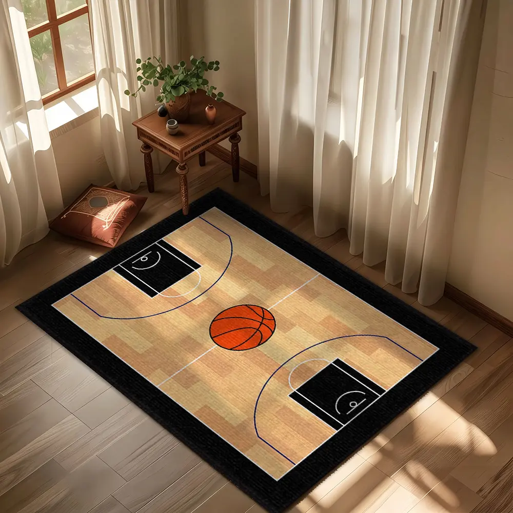 Wood Texture Basketball Court Pattern Crystal Velvet Sports Style Anti Slip Kids Bedroom Living Room Rug #BasketballCourtRug #SportsFloorMat #CrystalVelvetKidsCarpet #BasketballThemeHomeDecorMat