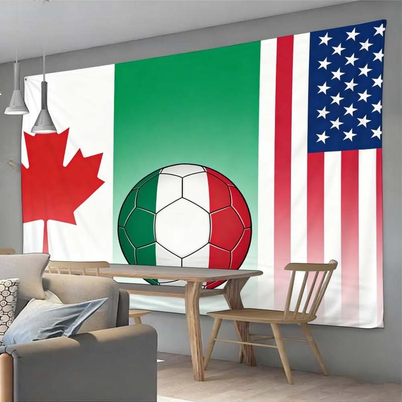 1 pc microfiber FIFA World Cup Tapestry Wall Hanging Soccer Flags Decor Living Room Dining Room Bedroom Outdoor Holiday Atmosphere Enhancement Green Red White American Canadian Flag Soccer Ball Art Multinational Sports Theme Stylish Decorative Background
