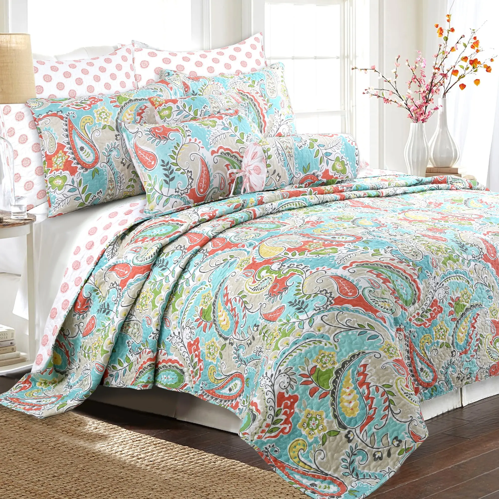 3 pcs Paisley Floral Turquoise Blue Reversible Quilt Bedding Set, Lightweight Bedspread Coverlet for All Seasons