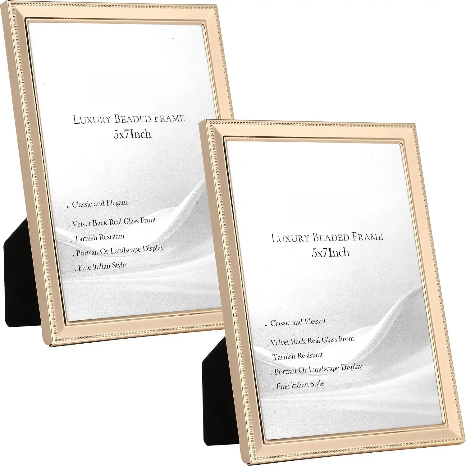 Luxury  Plated 5x7'' Picture Frame 2 Pack,Metal Beaded Frame with Real Glass &  Backing,Hi End Classy  Frame 7x5'' for Tabletop Display or Wall Mounting