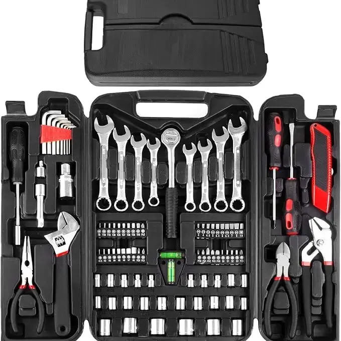 95-Piece Carbon Steel Tool Set with Plastic Portable Toolbox, Adjustable Wrench, Pliers, Socket Bits, Hex Key, Spark Plug Socket and Gadgets for Do It Yourself Maintenance, Back to School Haul Dorm Essentials