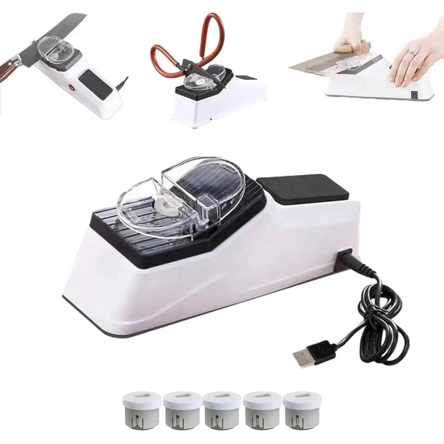 Double Sided USB Electric Knife Sharpener with Replacement Grinding Tools, Fast Safe for Kitchen Knives/Scissors