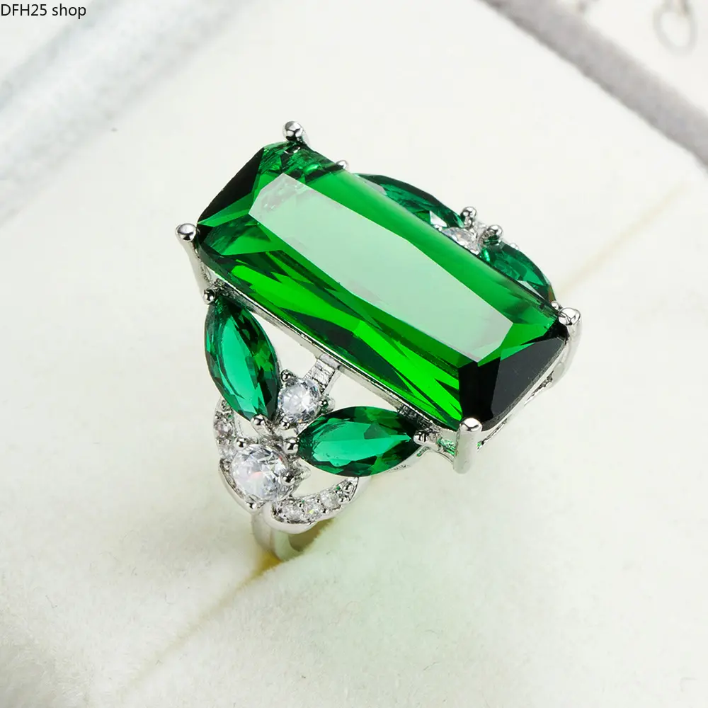 Emerald Green Crystal Ring With Rectangular Gemstone Design, Vintage Inspired Statement Jewelry For Women, Sparkling Halo Detail Ring For Wedding Events, Parties And Daily Wear