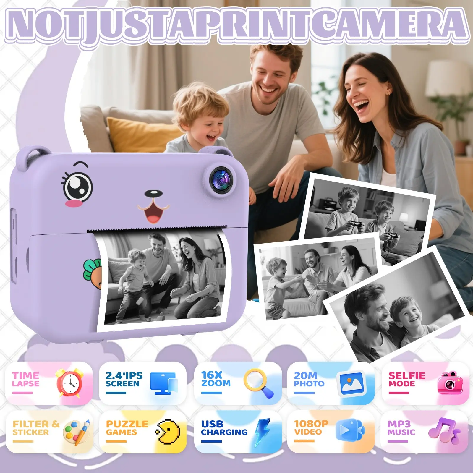 P2 Instant Print Camera for Kids, Mini Portable Beginner Photography, 1080P HD Video Recording, Three Rolls Printing Paper, Ideal Gift