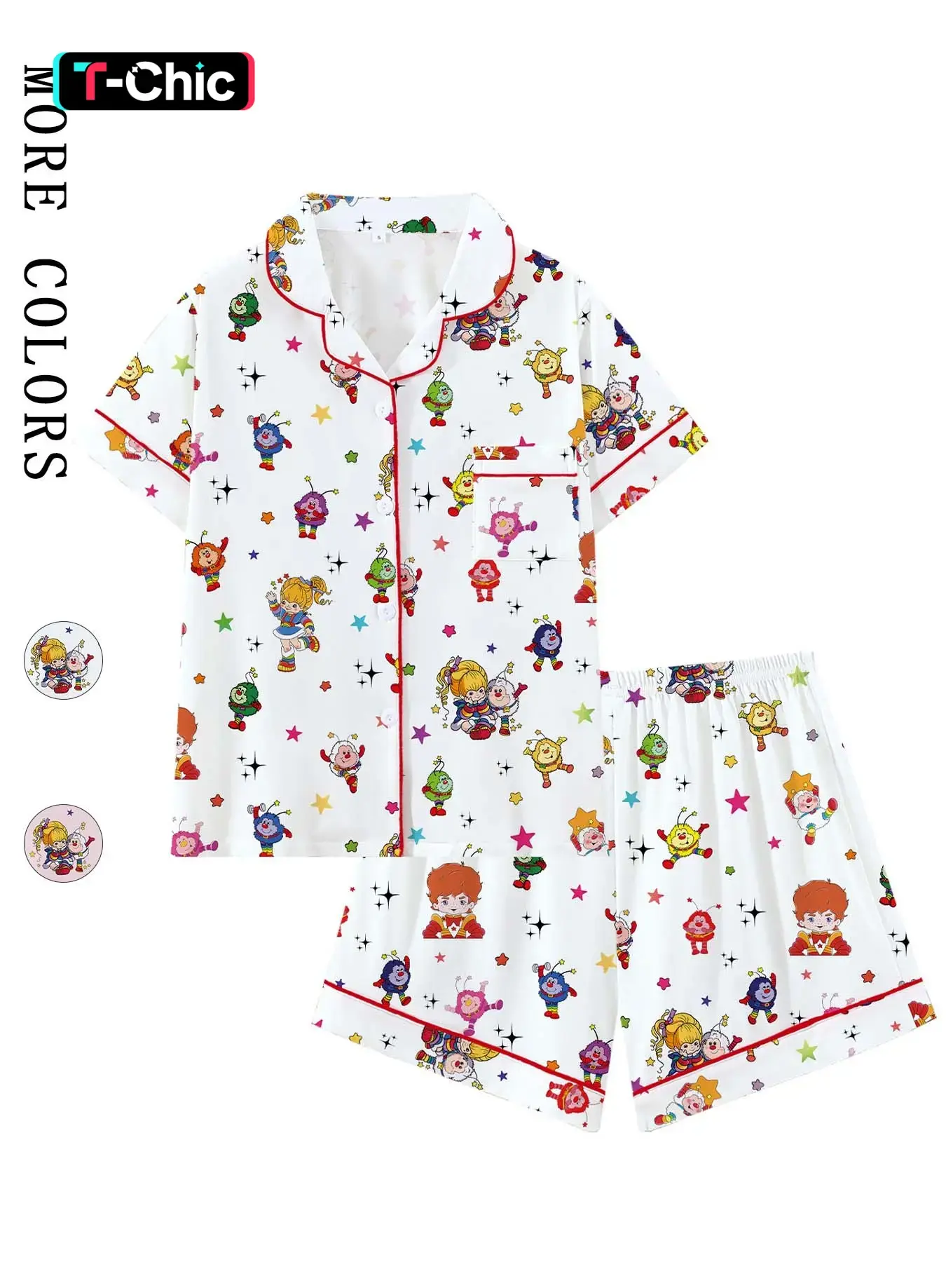 Rainbow Girl Cartoon Retro Cute Collared Short Sleeve Pajama Set, Cartoon Pattern Pajamas, Comfortable Sleepwear for Home and Outdoors, Summer Pjs, Pajama Outfit, Perfect Gift