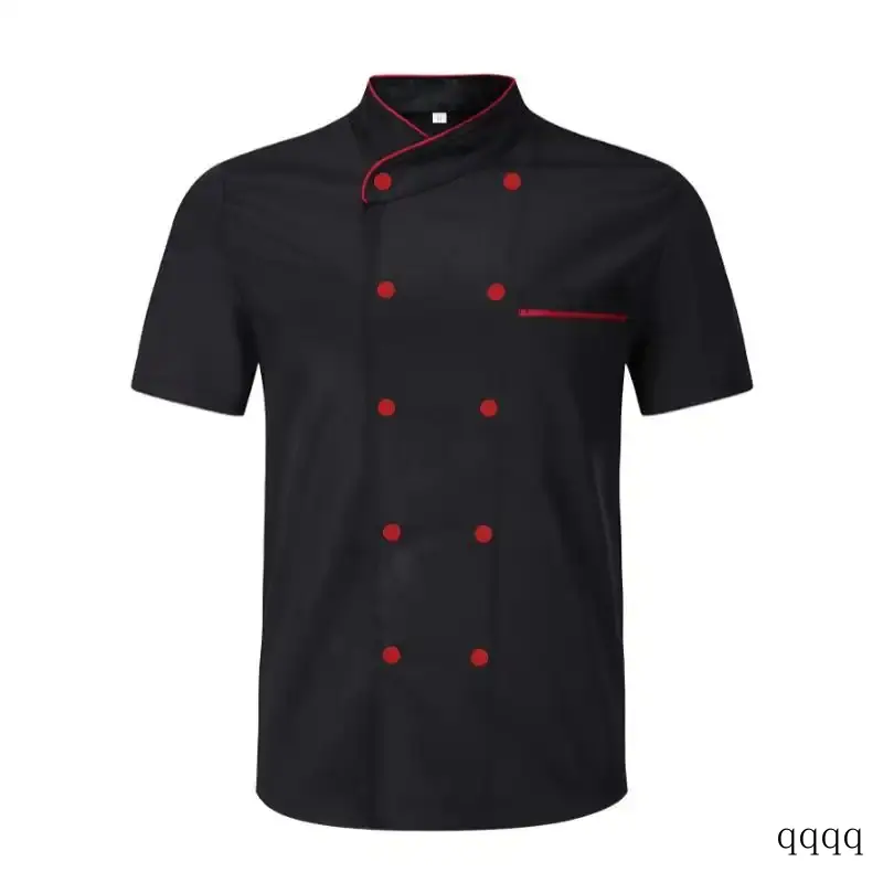 Men's Double-Breasted Short-Sleeve Plain Polyester Chef Coat - Menswear Workwear, Button Closure, Lightweight, Breathable, Easy-Care Dry-Clean Fabric, Restaurant Kitchen Cook Professional Catering Uniform Top