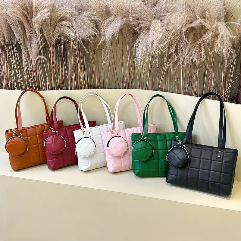 2PCS  Women Quilted Tote Bag with Mini Pouch, Large Capacity Shoulder Handbag, Stylish Everyday Purse, Fashion Work Bag for Women, Aesthetic Casual Tote for Shopping, Travel, School and Office Daily Essentials