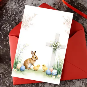 A religious Easter greeting card, printed with crosses, rabbits, chicks, and flowers, with a blank inside page, suitable for church members, family, and friends to use for spring celebrations