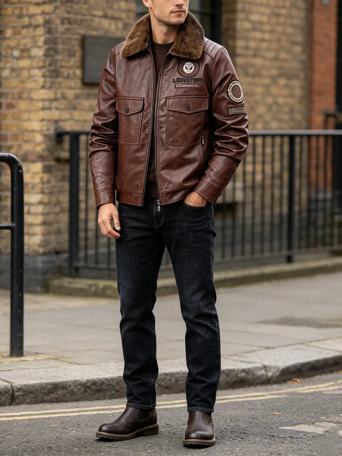 Men's Detachable Faux Fur Lapel PU Leather Jacket, Vintage Distressed Texture Embroidery, Thick Windproof Durable Motorcycle Coat, Fall Winter Warm Casual Wear, Casual Jackets