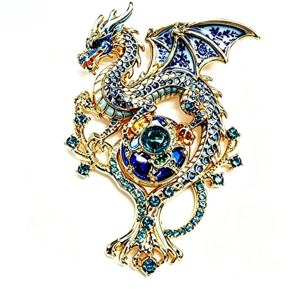 Hollow Blue White Porcelain Dragon Multi Blue Green Crystal Gold Brooch Unisex Chinese Totem Lapel Pin Gift