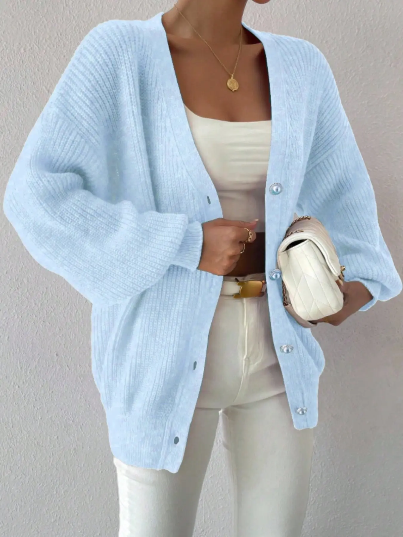 Women's V-Neck Long Sleeve Knit Cardigan, Solid Color Pearl Button Knitwear Sweater Coat, Thickened Cozy Fall Winter Top, Baggy Loose Fit Oversized Casual Style