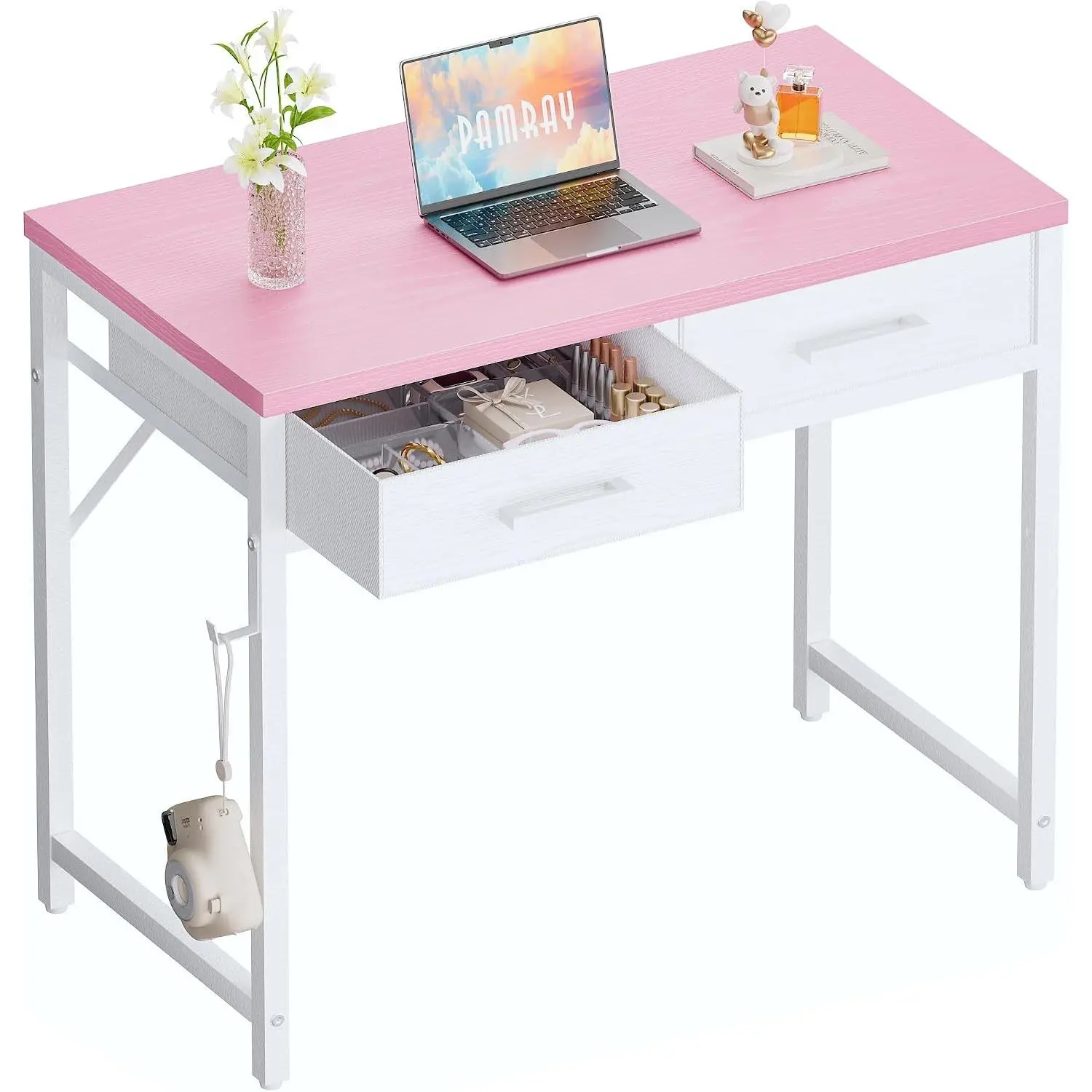 32 Inch Small Computer Desk with 2 Drawers for Bedroom Study Writing Home Office Table for Small Spaces Pink