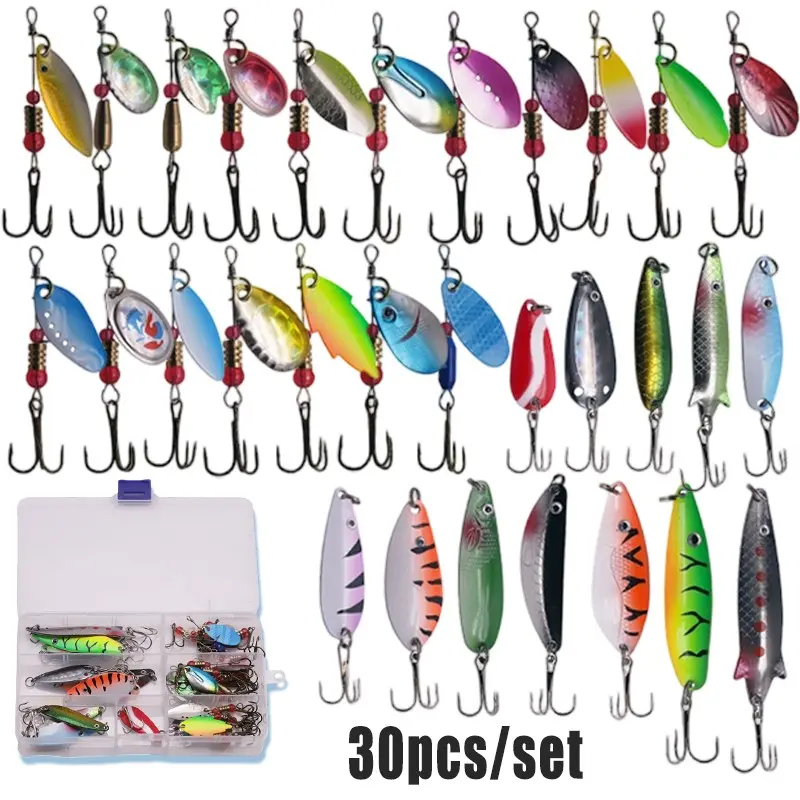 30Pcs/Set Mixed Fishing Lures Kit Fishing Supplies with Standard Portable Box Mixed Spinner Baits Metal Spoon Lures for Bass Trout Pike