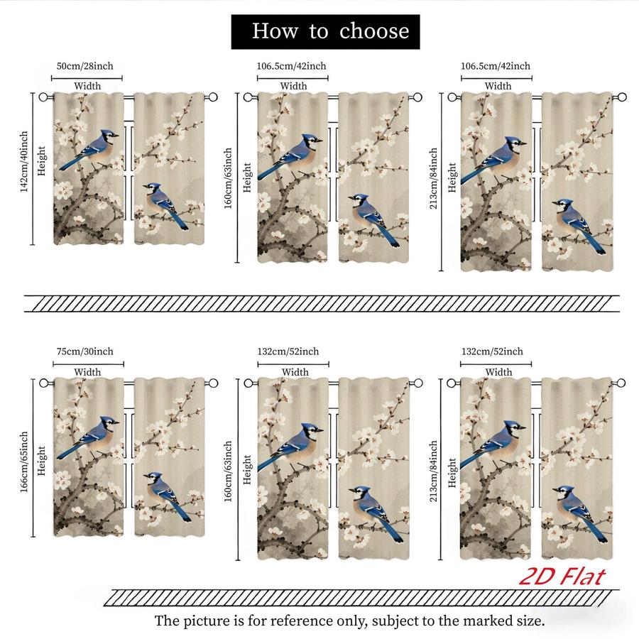 2Pcs Japanese Style Blue Jay Bird Plum Blossom Floral Curtains Digital Printed Rod Pocket, Window Treatment For Bedroom Office Kitchen Living Room Study Home Decor