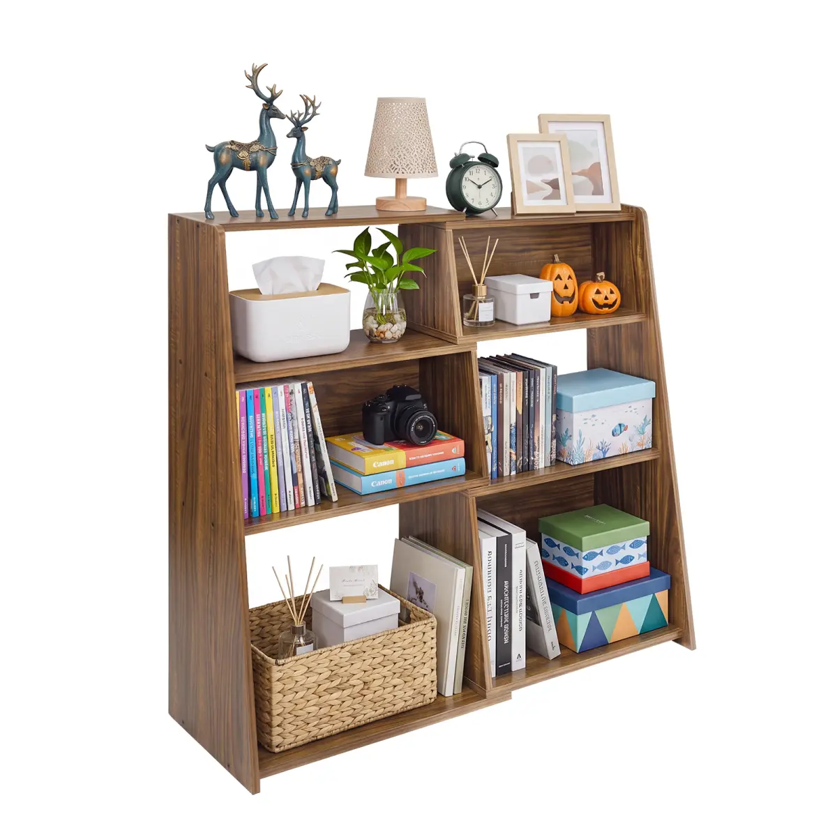 Walnut Extendable Modular Ladder Bookshelf - Thickened MDF Trapezoid 6-Cubby Open Display Bookcase, 23.7"-43.3"W x11.6"D x35.4"H, Anti-Tipping Convertible Corner Storage, Easy Setup Freestanding Shelving for Minimalist Decluttering in Living Room, Study