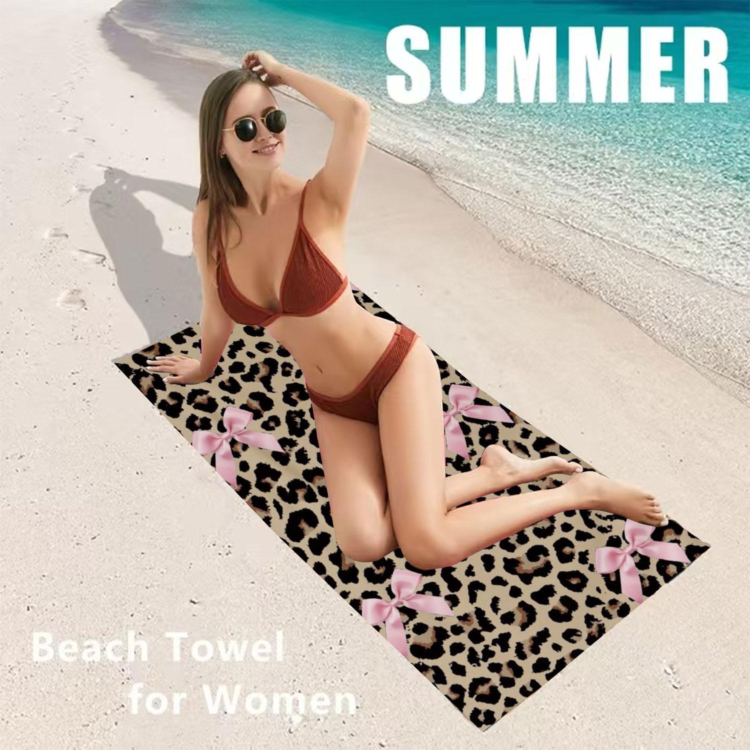 Leopard Print Bow Pattern Beach Towel, Soft Quick Drying Microfiber Towel, Strong Wrap Design for Beach and Pool Use, Soft Absorbent Towel
