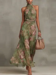 2026 Spring Summer New French Mesh Print Asymmetrical Ruched Sexy Halter Midi Dress, Elegant Vintage Party Dress, Suitable for Office, Casual, Vacation